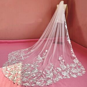 New Ivory Sequin Cathedral Embroidered Floral Lace Veil